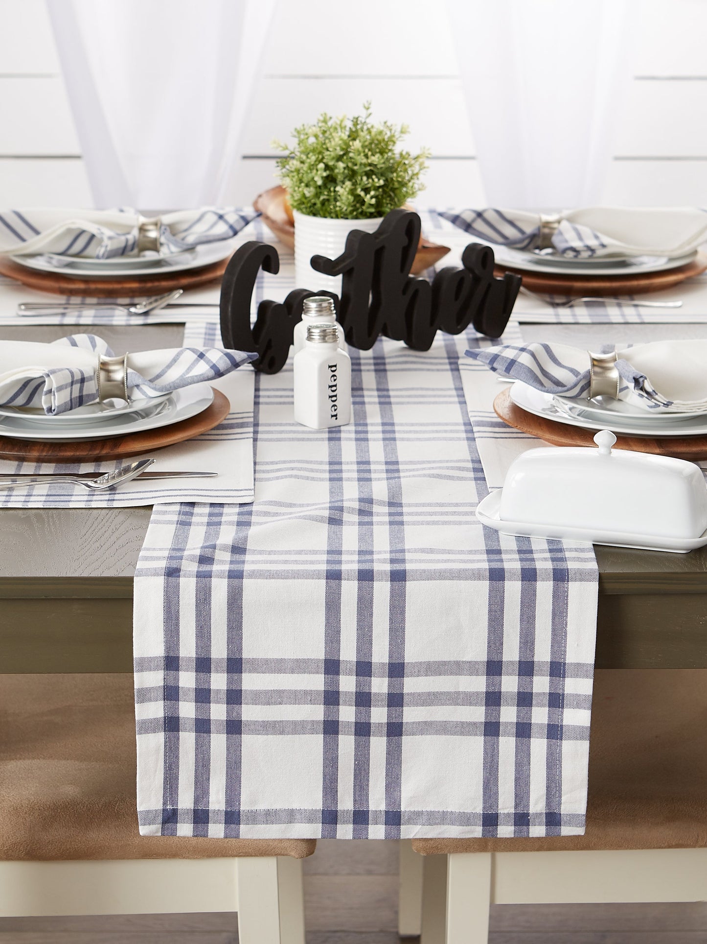French Blue Farm To Table Check Table Runner 14X72