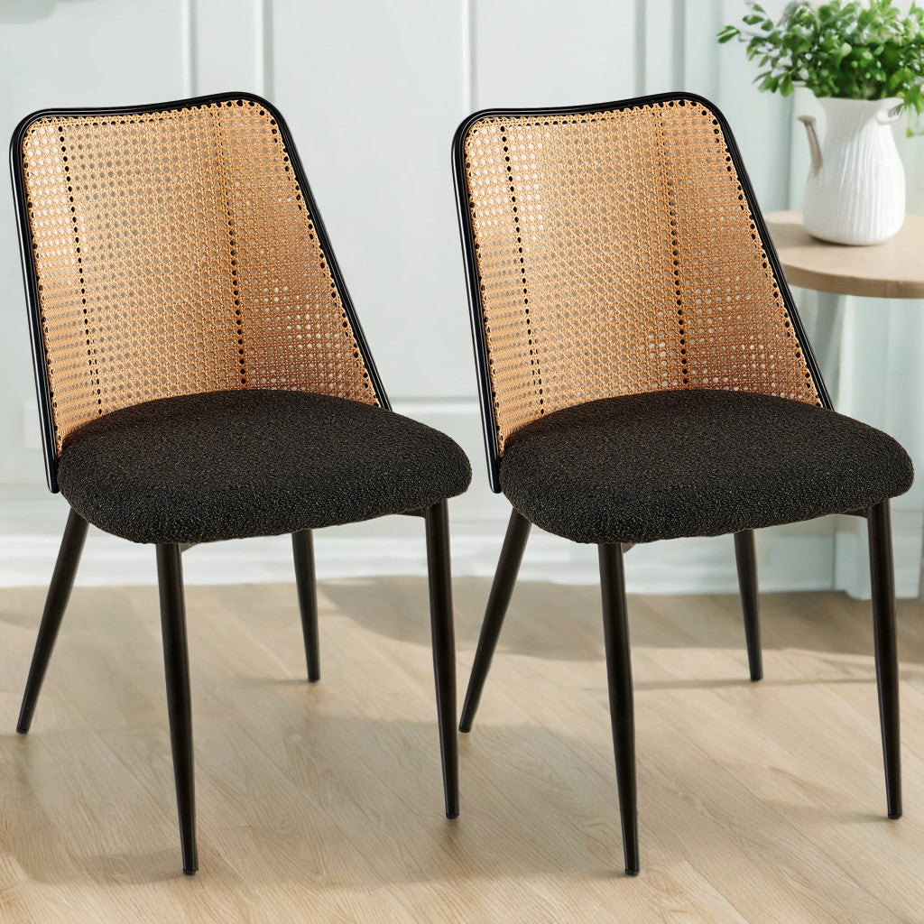 Upholstered Dining Chair with Natural Cane Back and Metal Legs, Set of 2
