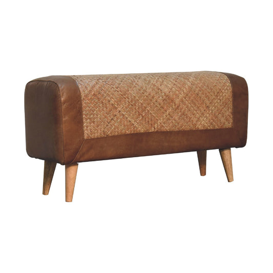 Large Upholstered Bench with Seagrass Base and Wood Legs