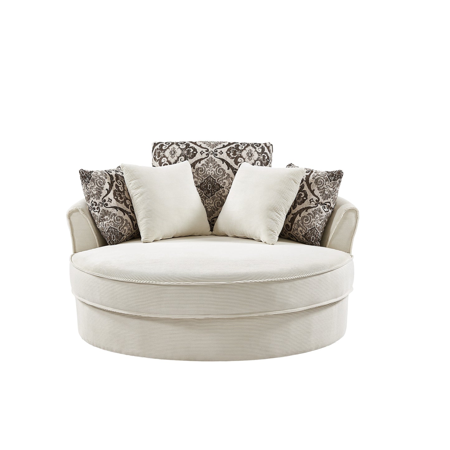 Upholstered Swivel Barrel Chair with 5 Movable Pillows and Metal Base