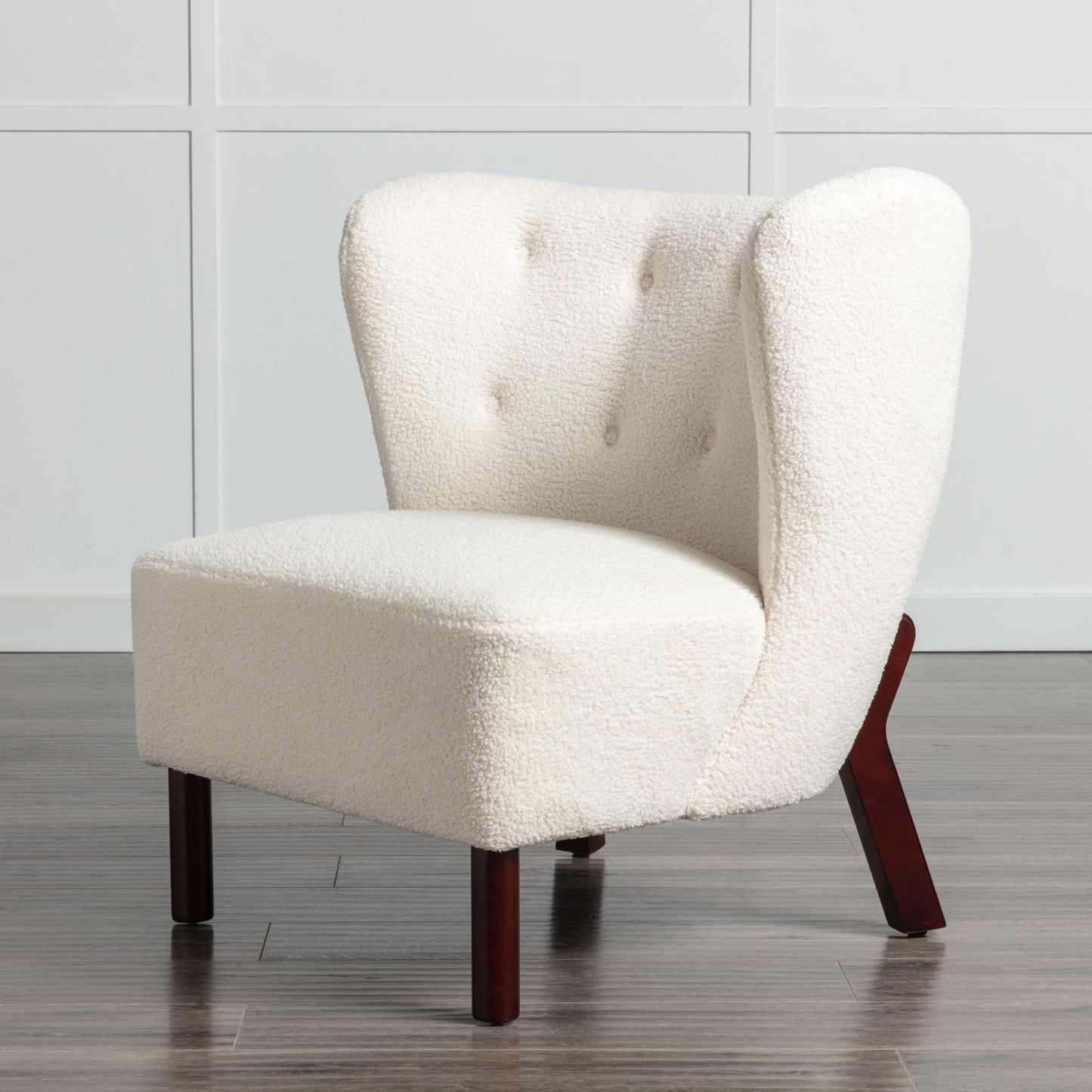 Button Tufted Upholstered Armless Chair with Wing Back and Wooden Legs