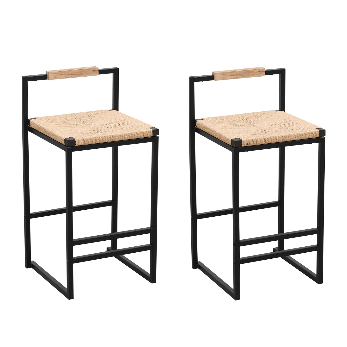 Rope Woven Bar Stool with Low Back and Metal Base, Set of 2