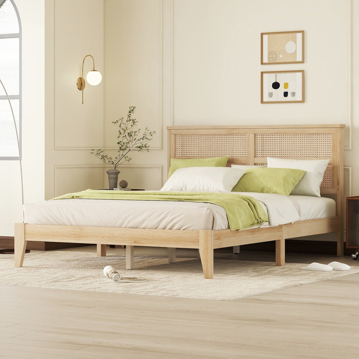 Queen Size Bed with Rattan Headboard