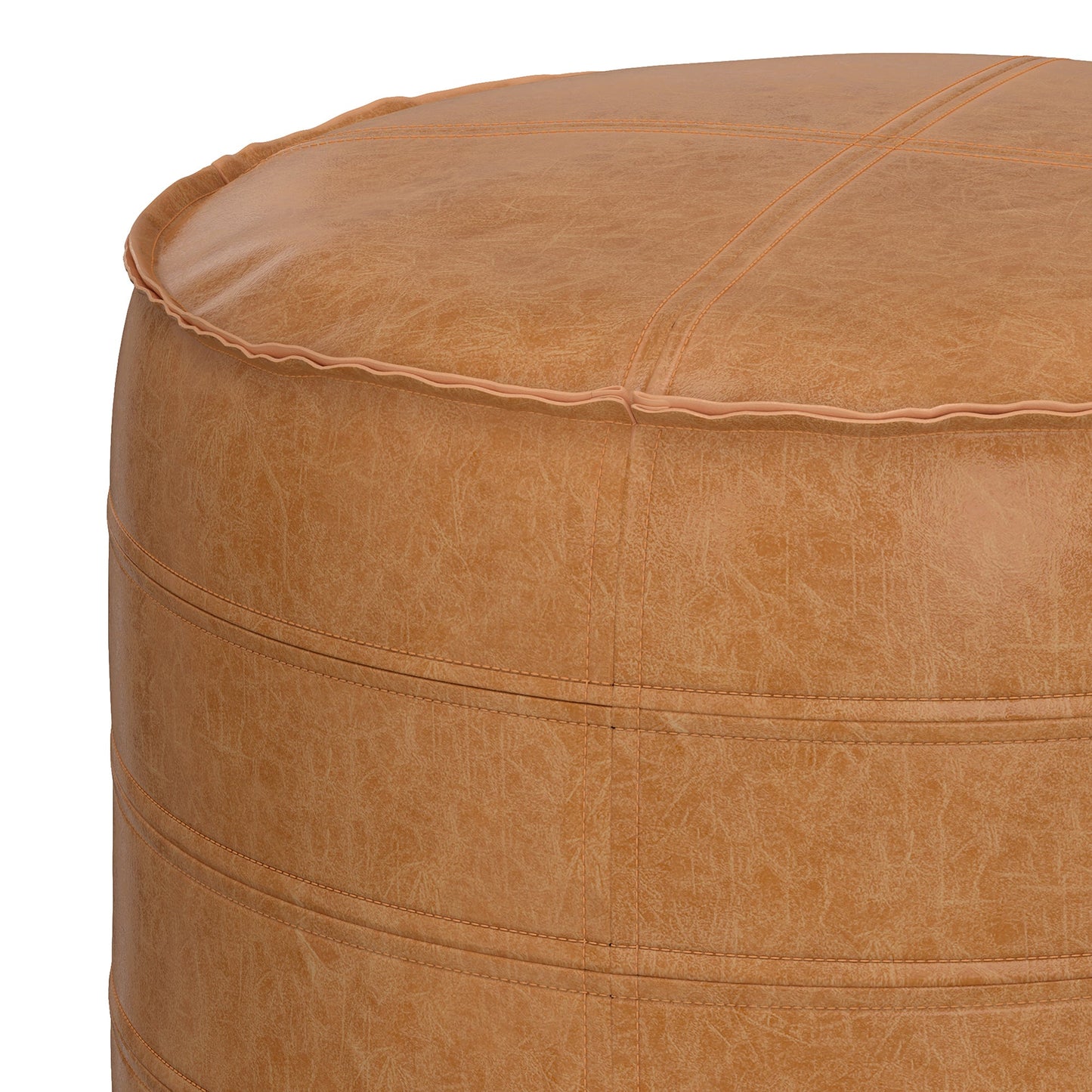 Resonance Faux Leather Round Pouf with Top Stitching Detail and Zipper