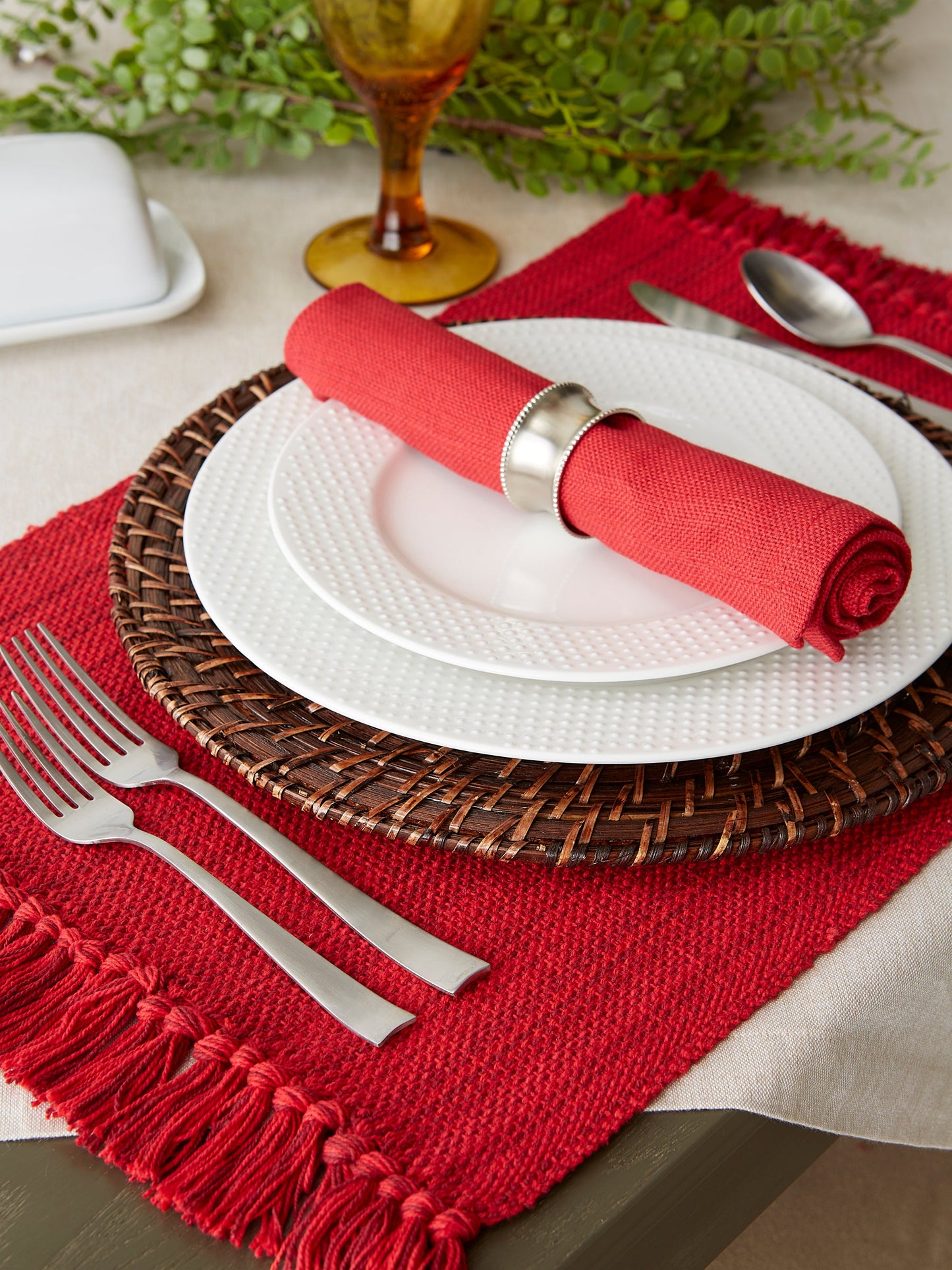 Tango Red Variegated Fringe Placemat & Napkin, Set of 8