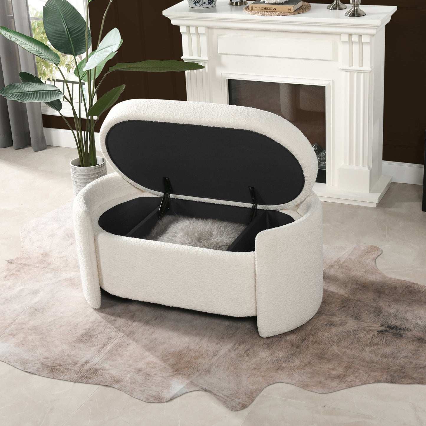 Oval Lid-Up Upholstered Storage Bench with 3 Compartments