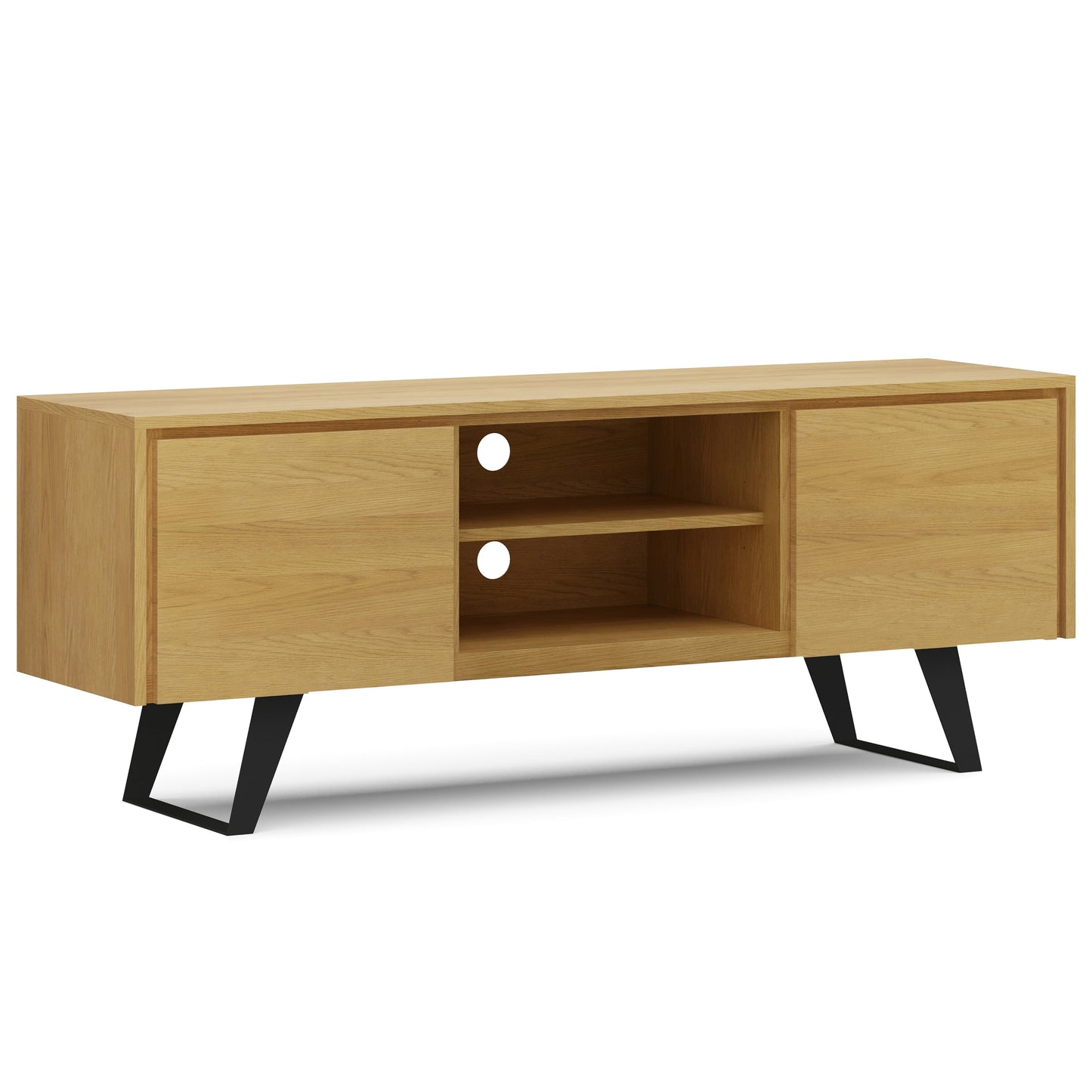 Pioneer TV Stand for TVs Up To 70 Inches with 2 Side Doors, Open Central Shelves and Metal Angled Legs