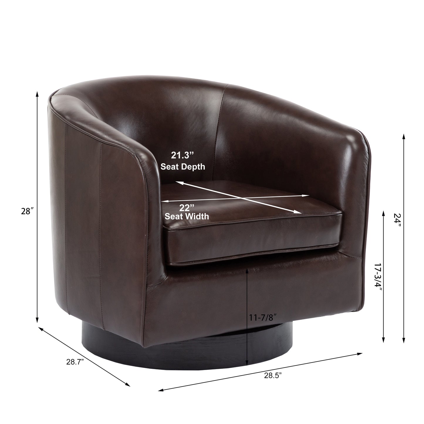 Leather Swivel Chair with Sloped Arms and Barrel Design