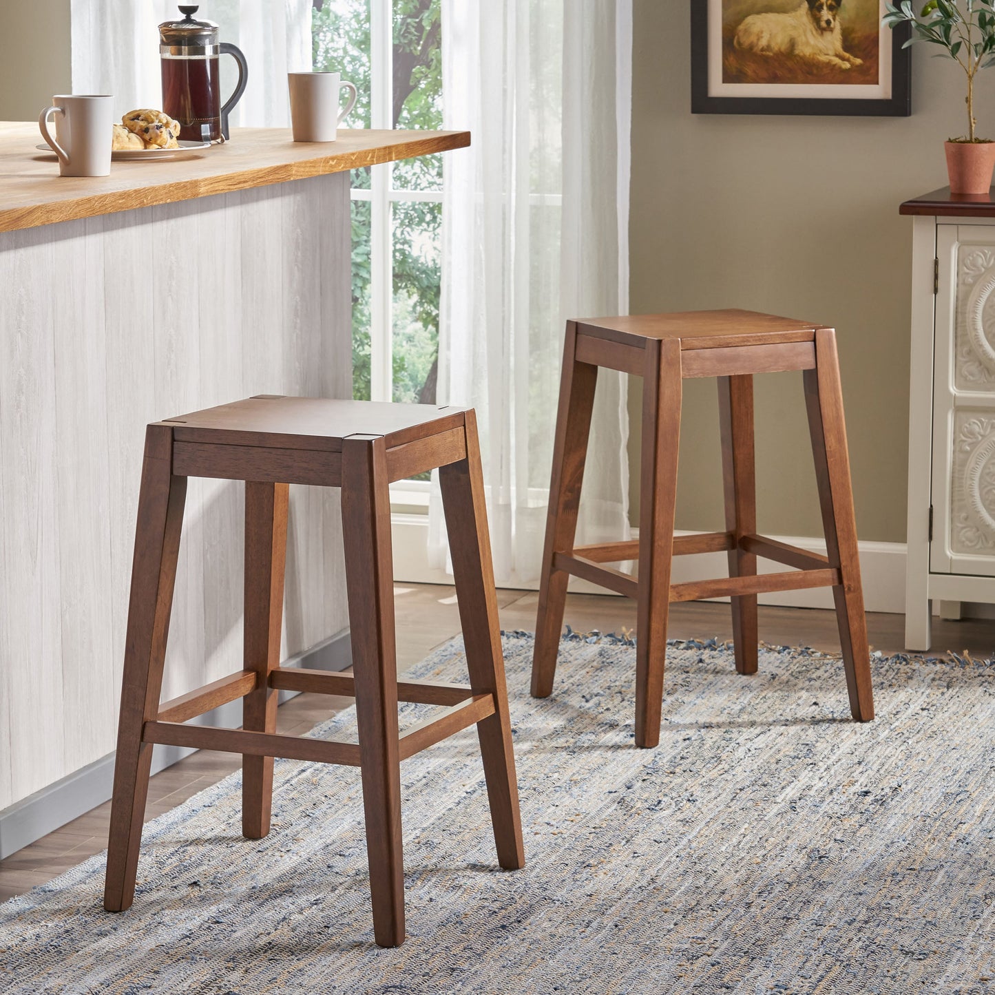 Wood Counter Stool with Armless Design and Footrest, Set of 2