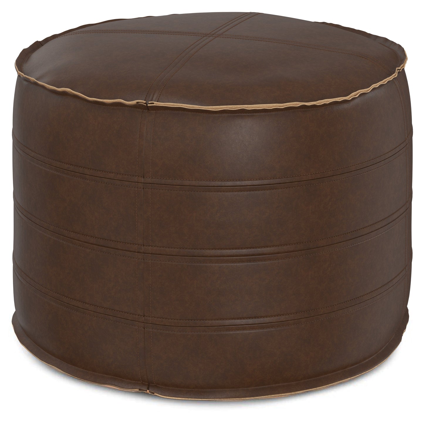 Resonance Faux Leather Round Pouf with Top Stitching Detail and Zipper