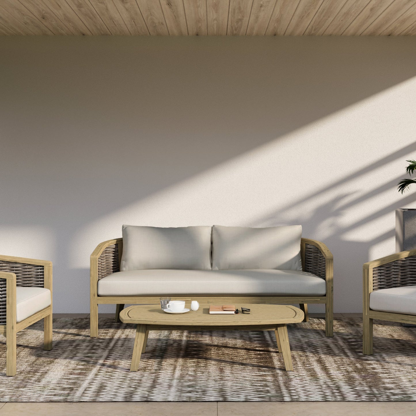 Outdoor Hand-Woven Rattan Sofa with Curved Frame