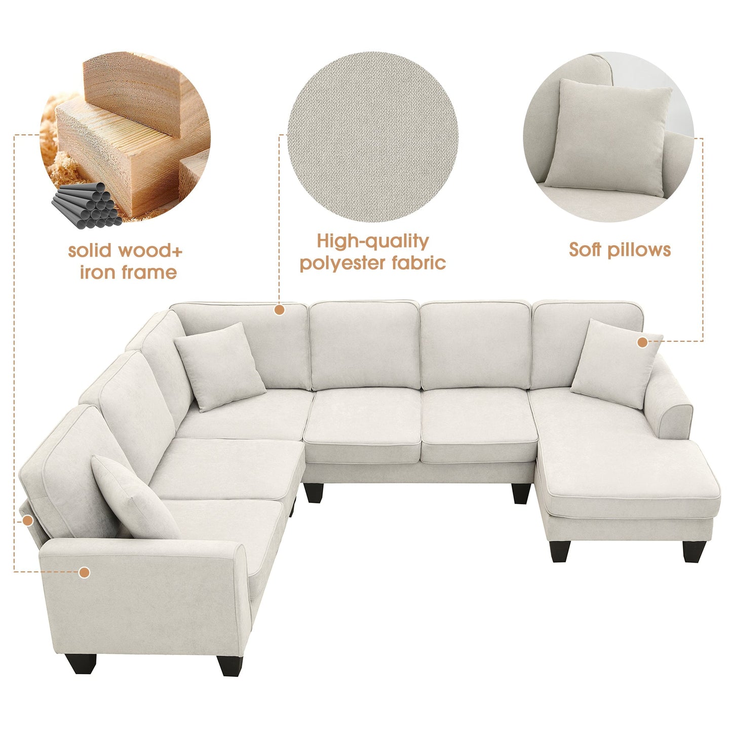Elijah 3 Piece U Shaped Sectional Sofa with 3 Pillows