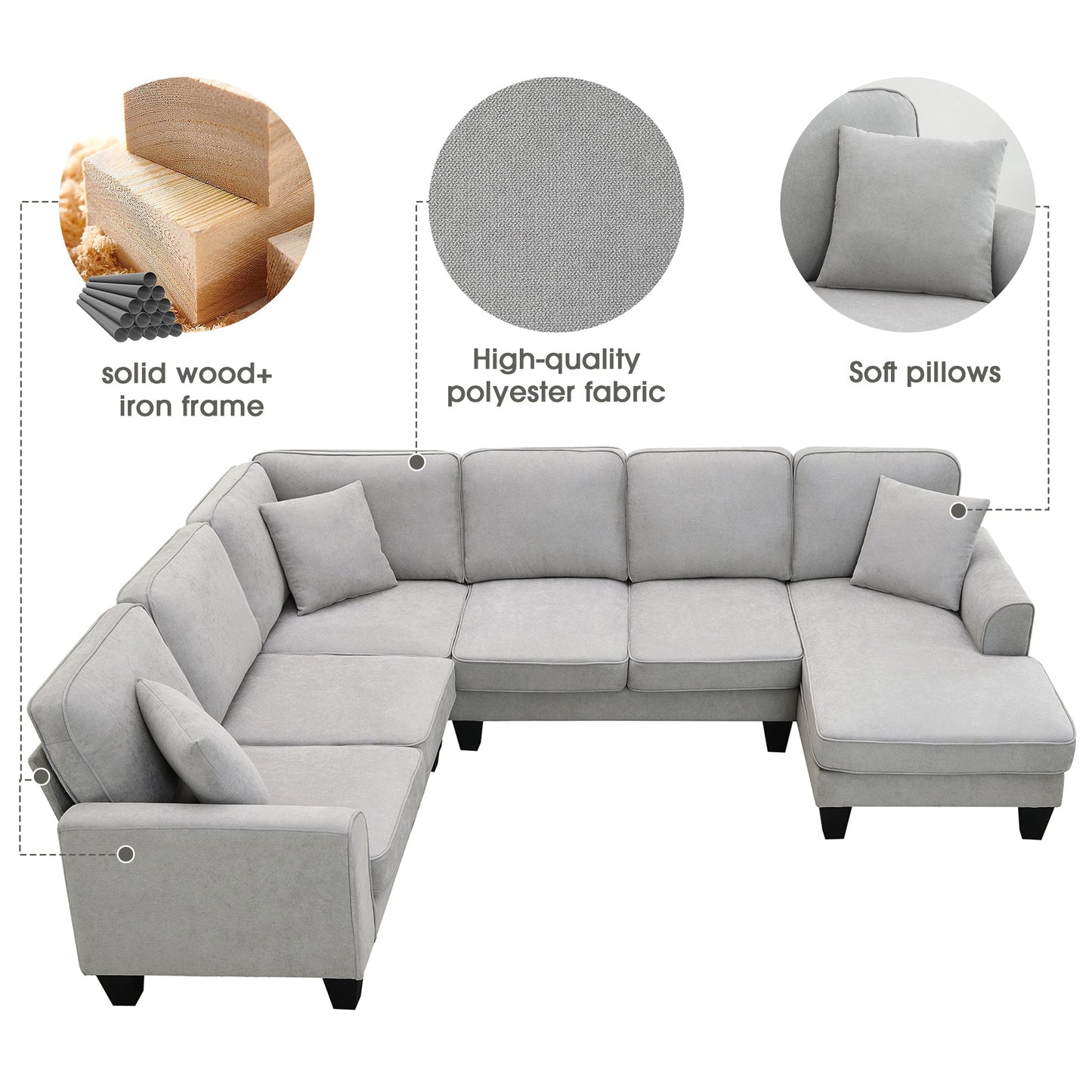 Elijah 3 Piece U Shaped Sectional Sofa with 3 Pillows