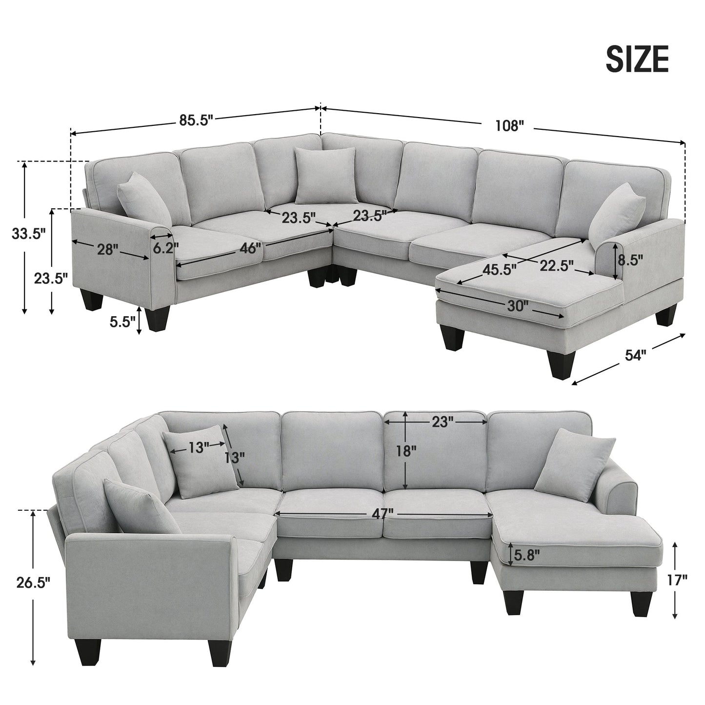 Elijah 3 Piece U Shaped Sectional Sofa with 3 Pillows