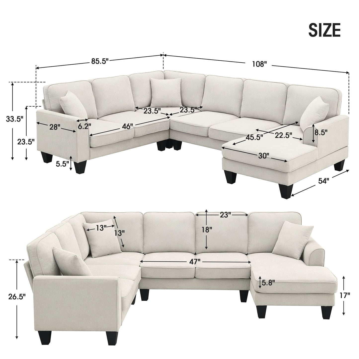 Elijah 3 Piece U Shaped Sectional Sofa with 3 Pillows