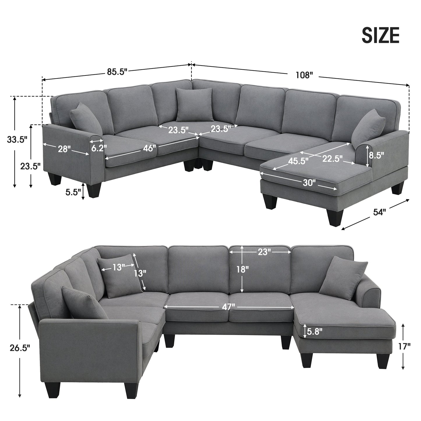 Elijah 3 Piece U Shaped Sectional Sofa with 3 Pillows