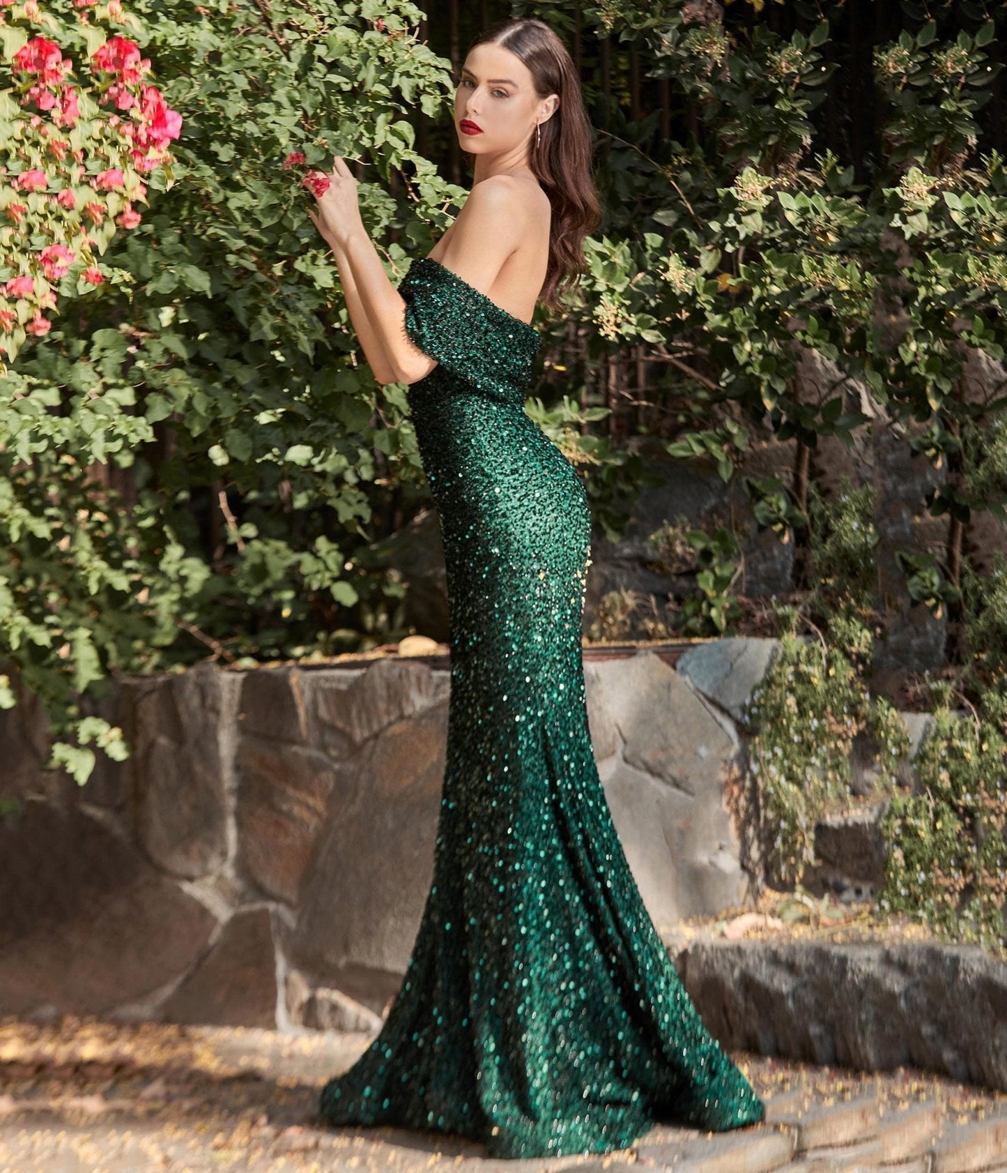 Cinderella Divine  Emerald Sequin One Shoulder Mermaid Prom Gown