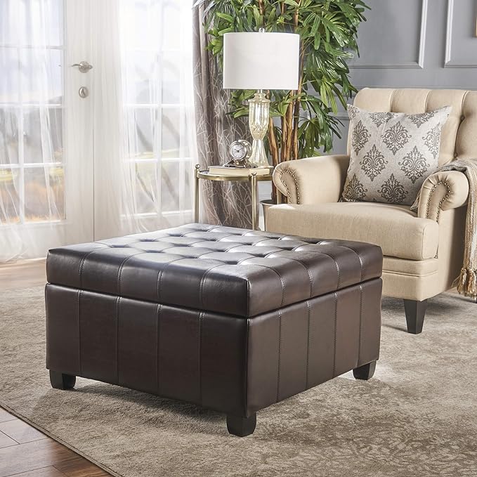 Enthralling Upholstered Storage Ottoman with Tufted Waffle Stitch