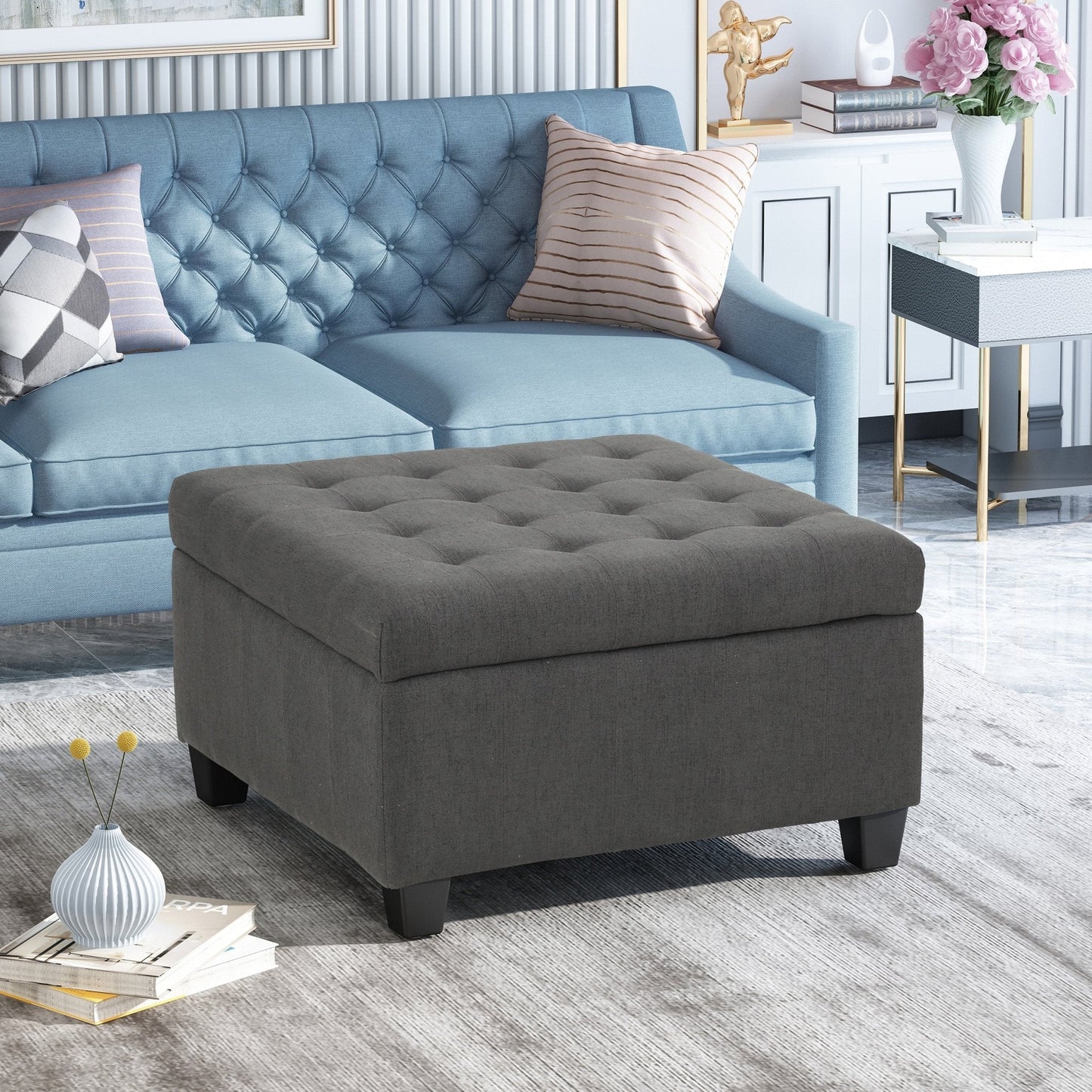 Enthralling Upholstered Storage Ottoman with Tufted Waffle Stitch