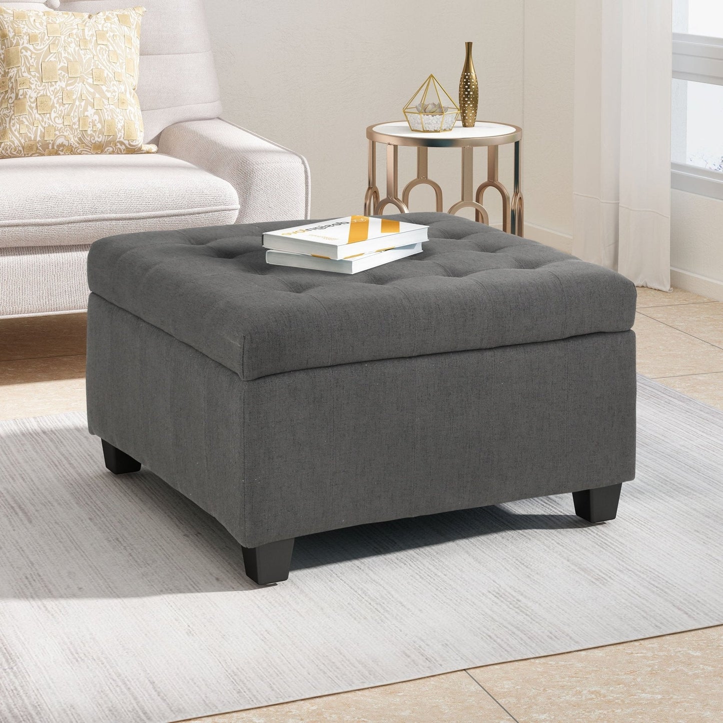 Enthralling Upholstered Storage Ottoman with Tufted Waffle Stitch