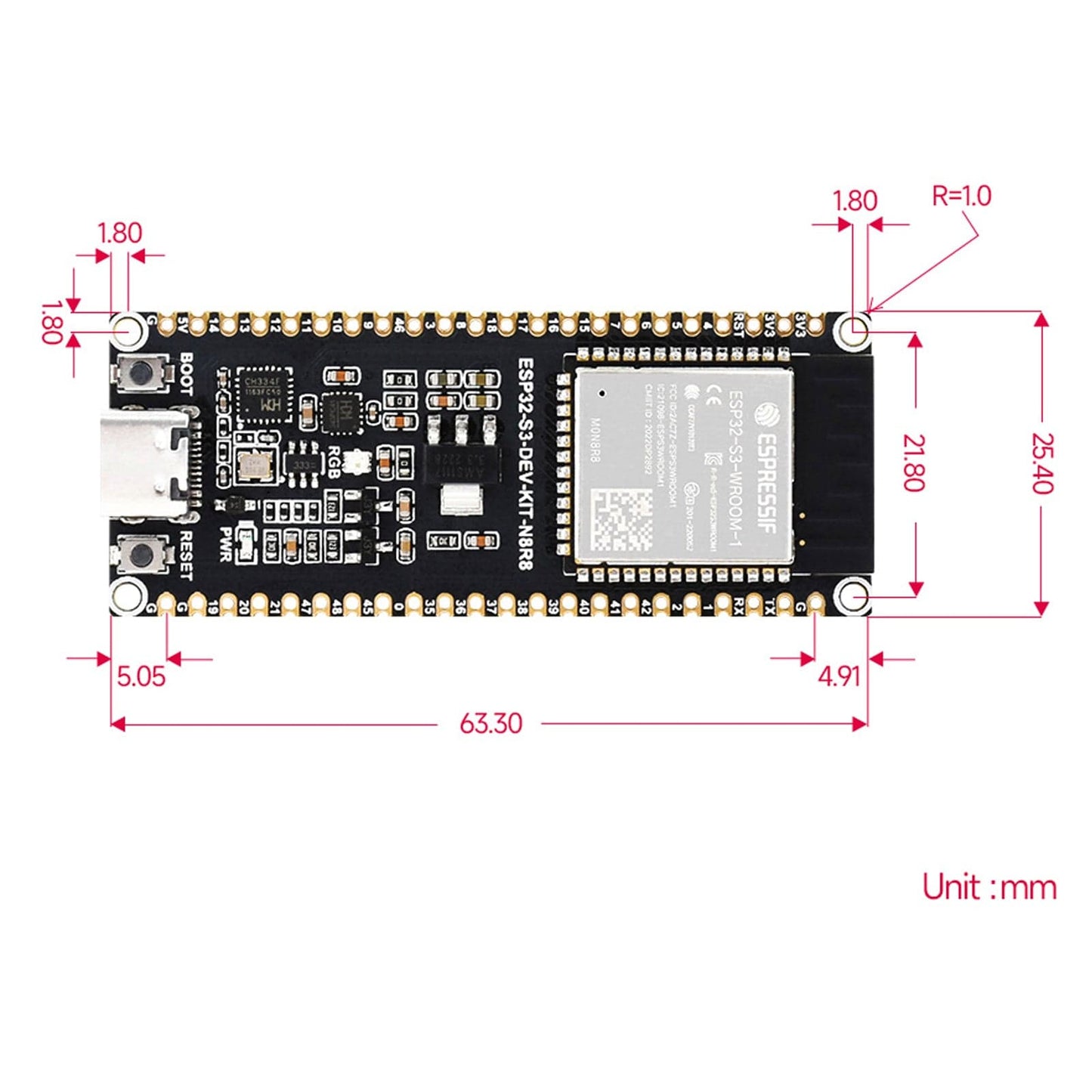 ESP32-S3 Microcontroller Development Board (With Headers)