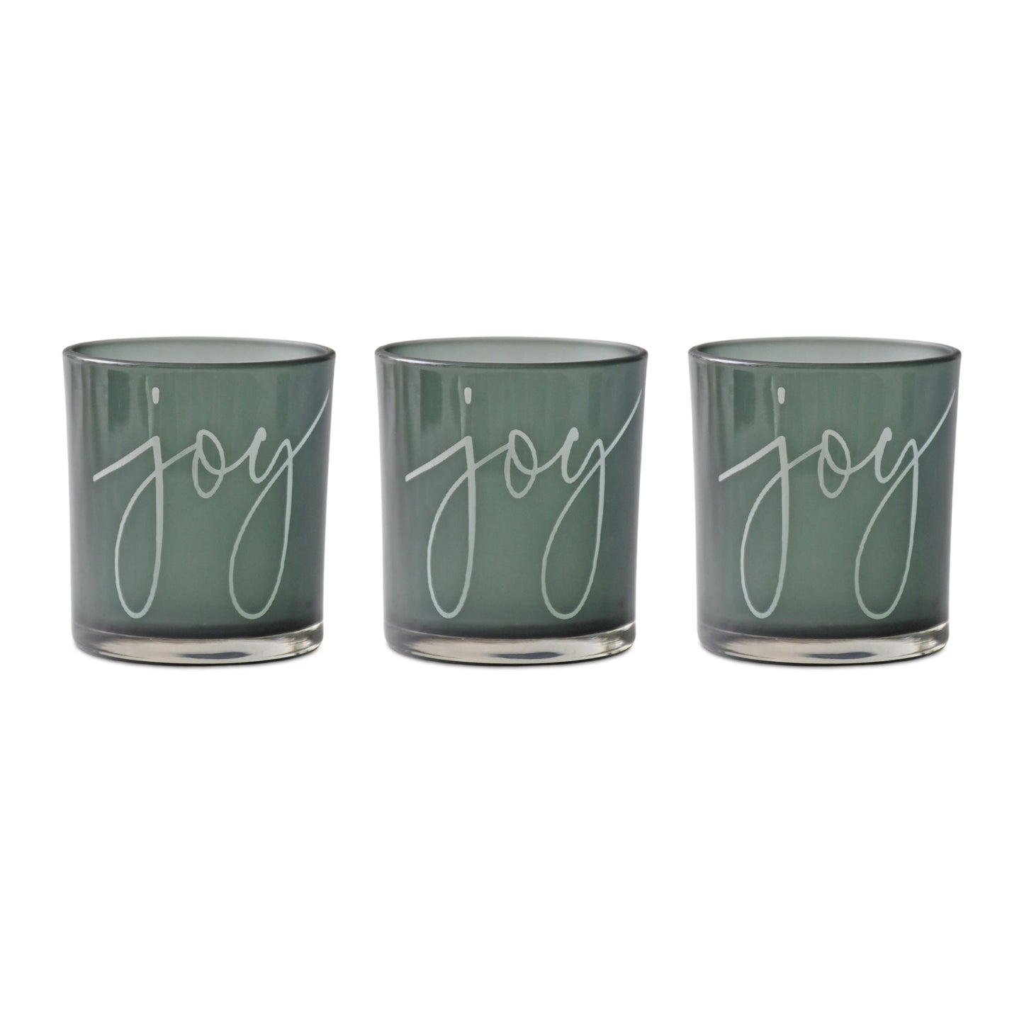 Green Glass Joy Candle Holder, Set of 3