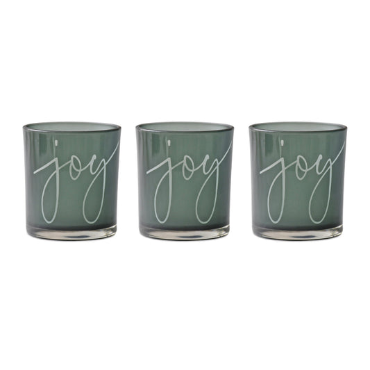 Green Glass Joy Candle Holder, Set of 3