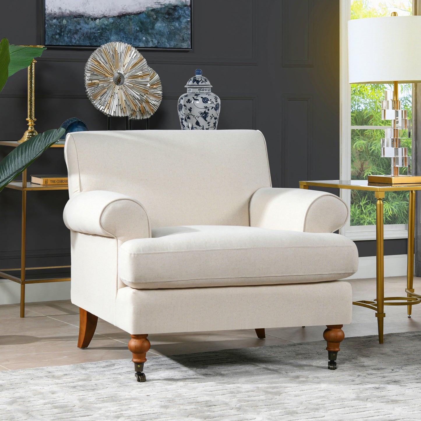 Cobaltex Upholstered Arm Chair with Metal Casters and Rolled Arms