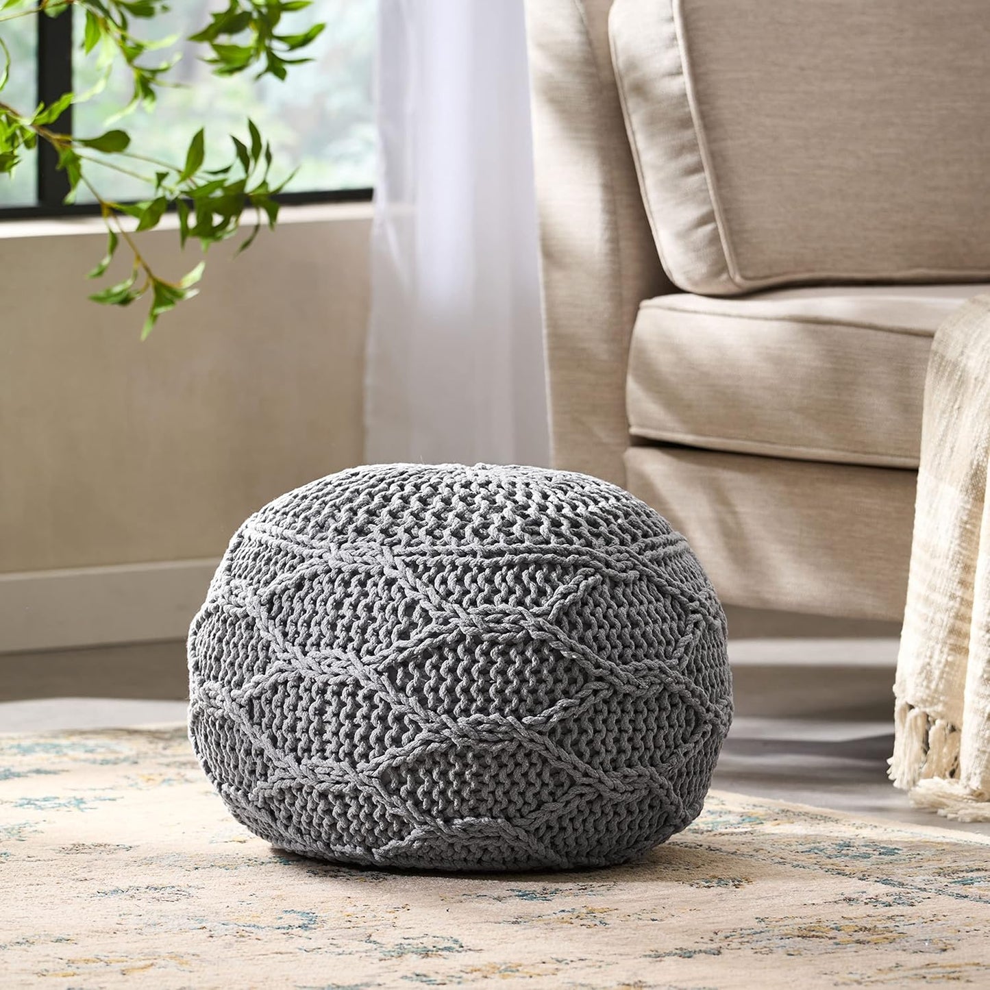 Splendid Round Knitted Wool Pouf