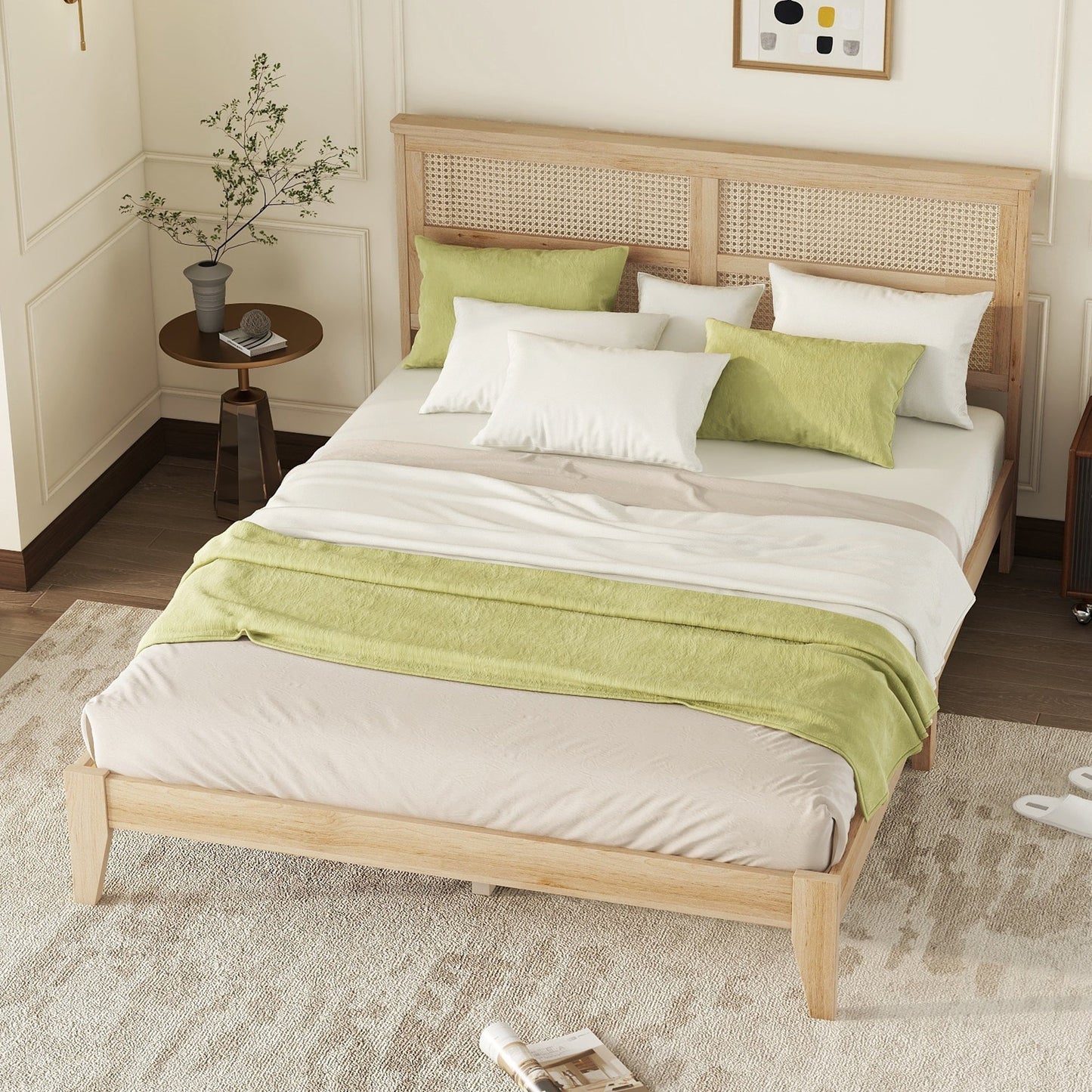 Queen Size Bed with Rattan Headboard