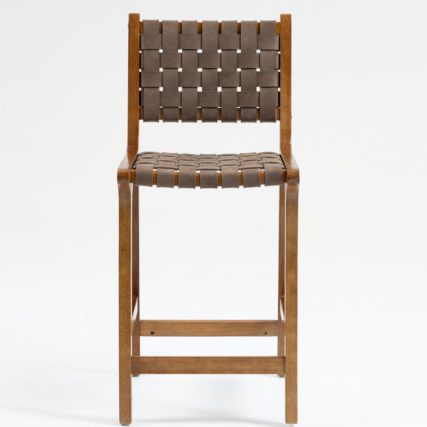 Counter Stool with Leather Woven and Wood Frame, Set of 2