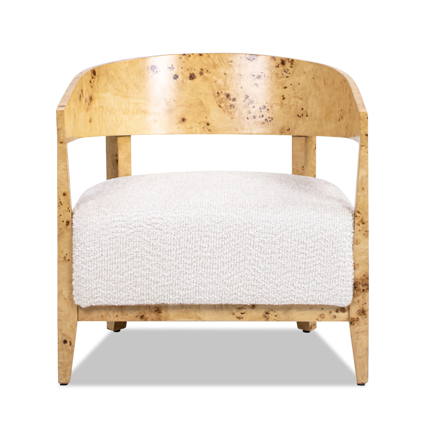 Upholstered Burled Wood Arm Chair with Wood Frame and Curved Back