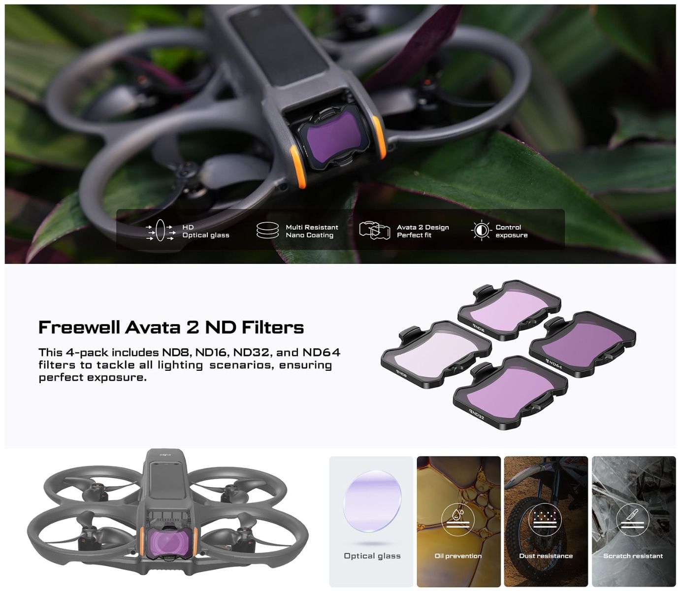 Freewell 4-pack ND Filter Set for DJI Avata 2 (ND8 16 32 64)