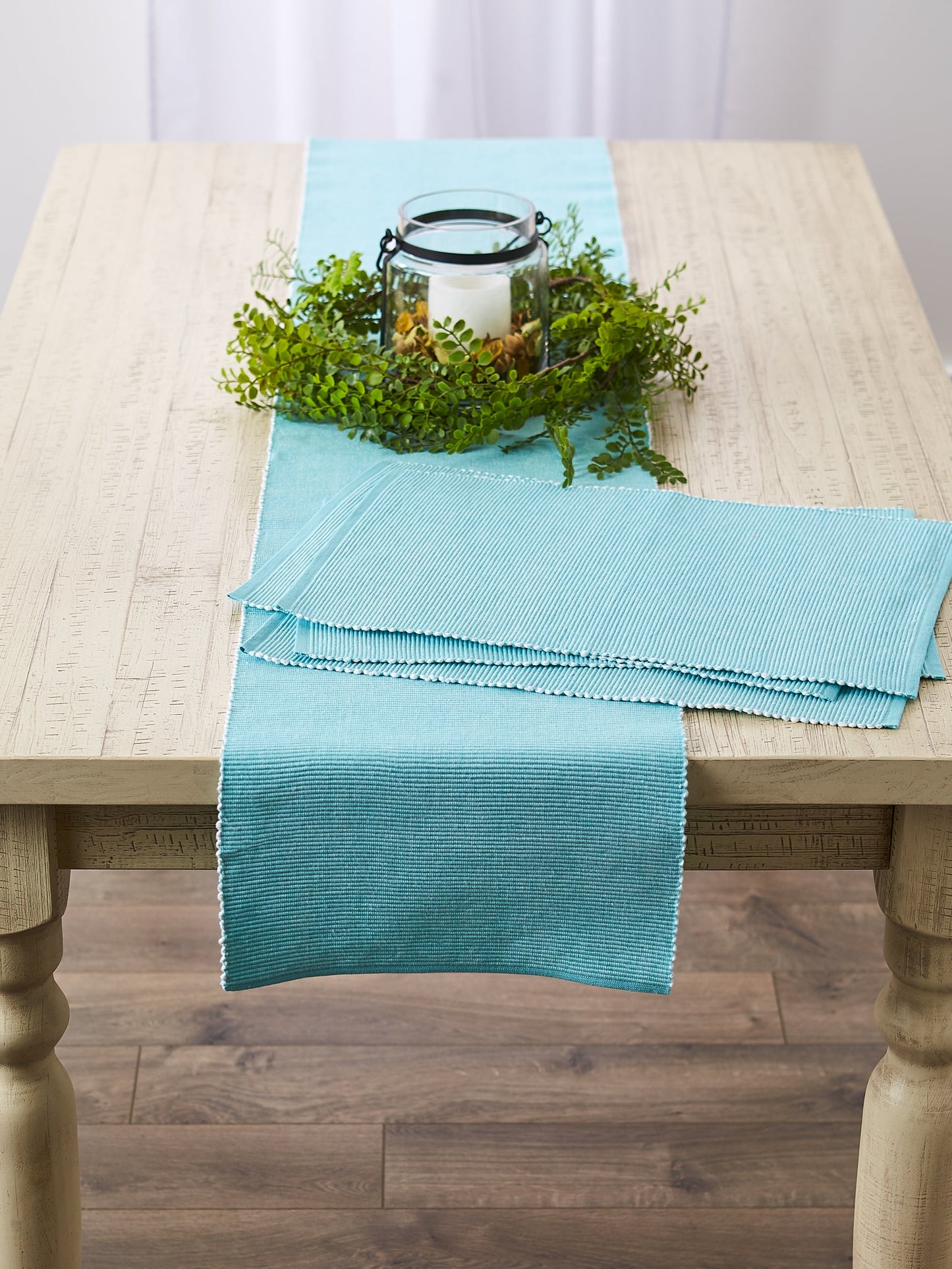 Aqua/White 2-Tone Ribbed Table Runner 13X72