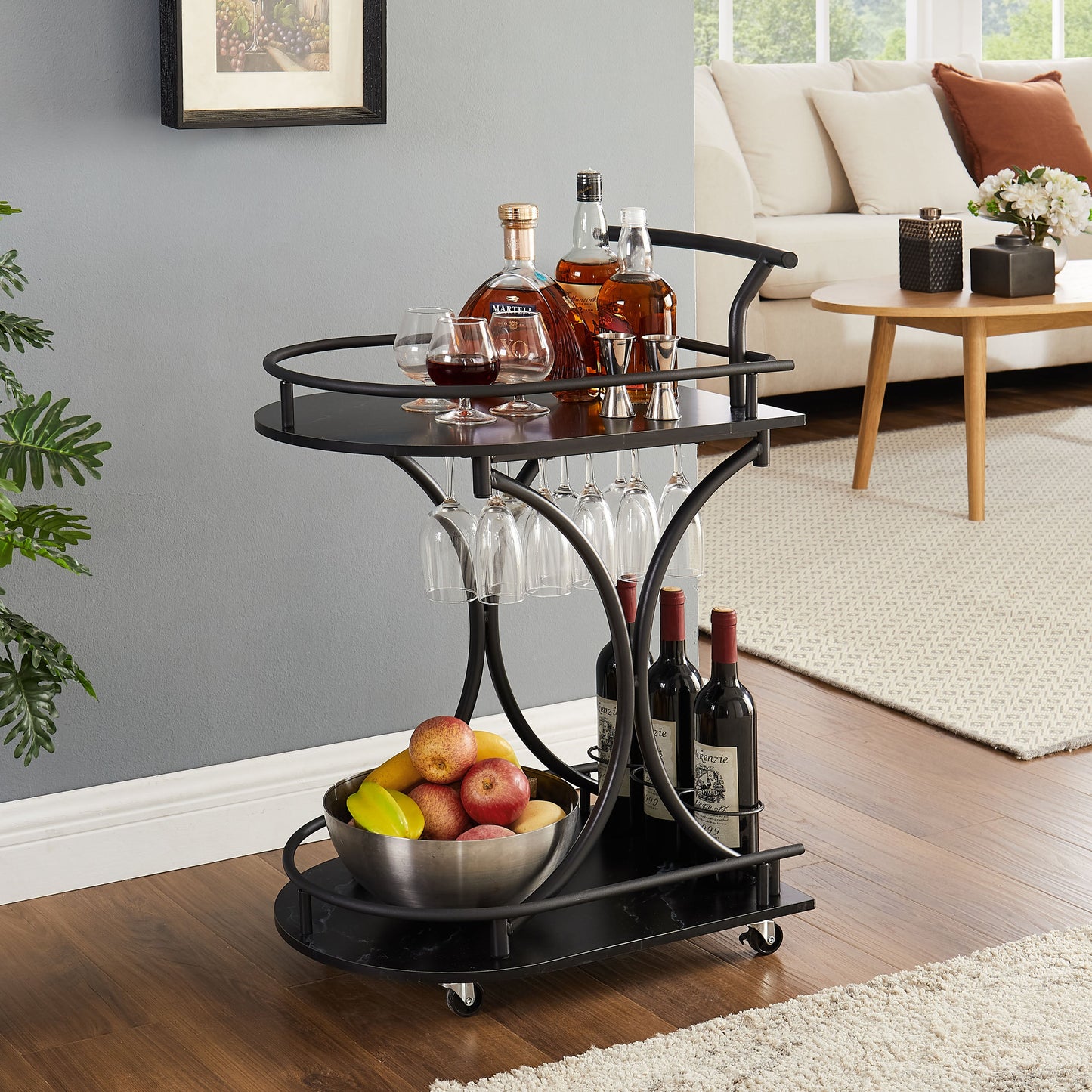 2-Tier Metal Bar Cart with Wine Rack and Glass Holder