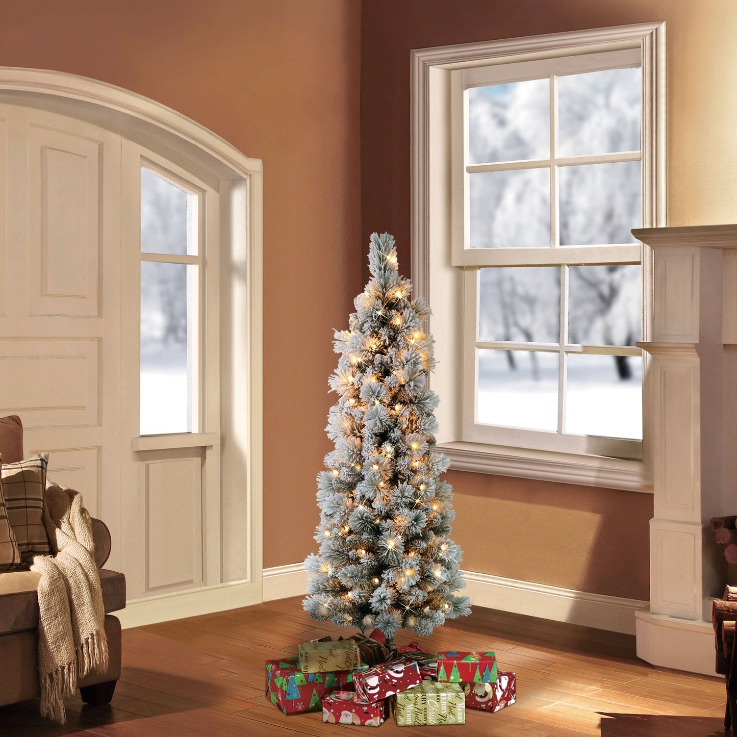 4.5 ft Pre-lit Flocked Portland Pine Pencil Artificial Christmas Tree with Clear Lights & Metal Stand