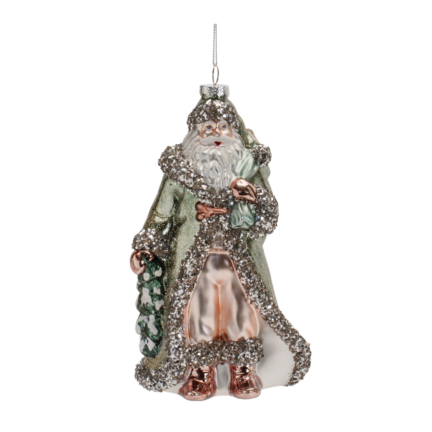 Glittered Green Glass Santa Ornament, Set of 6