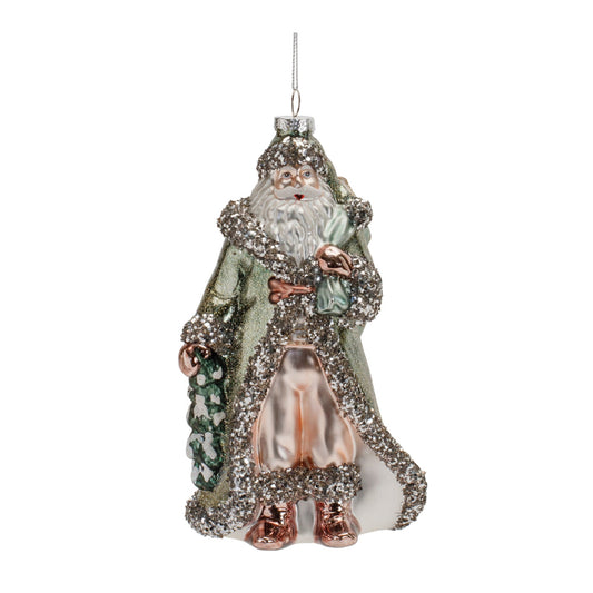 Glittered Green Glass Santa Ornament, Set of 6
