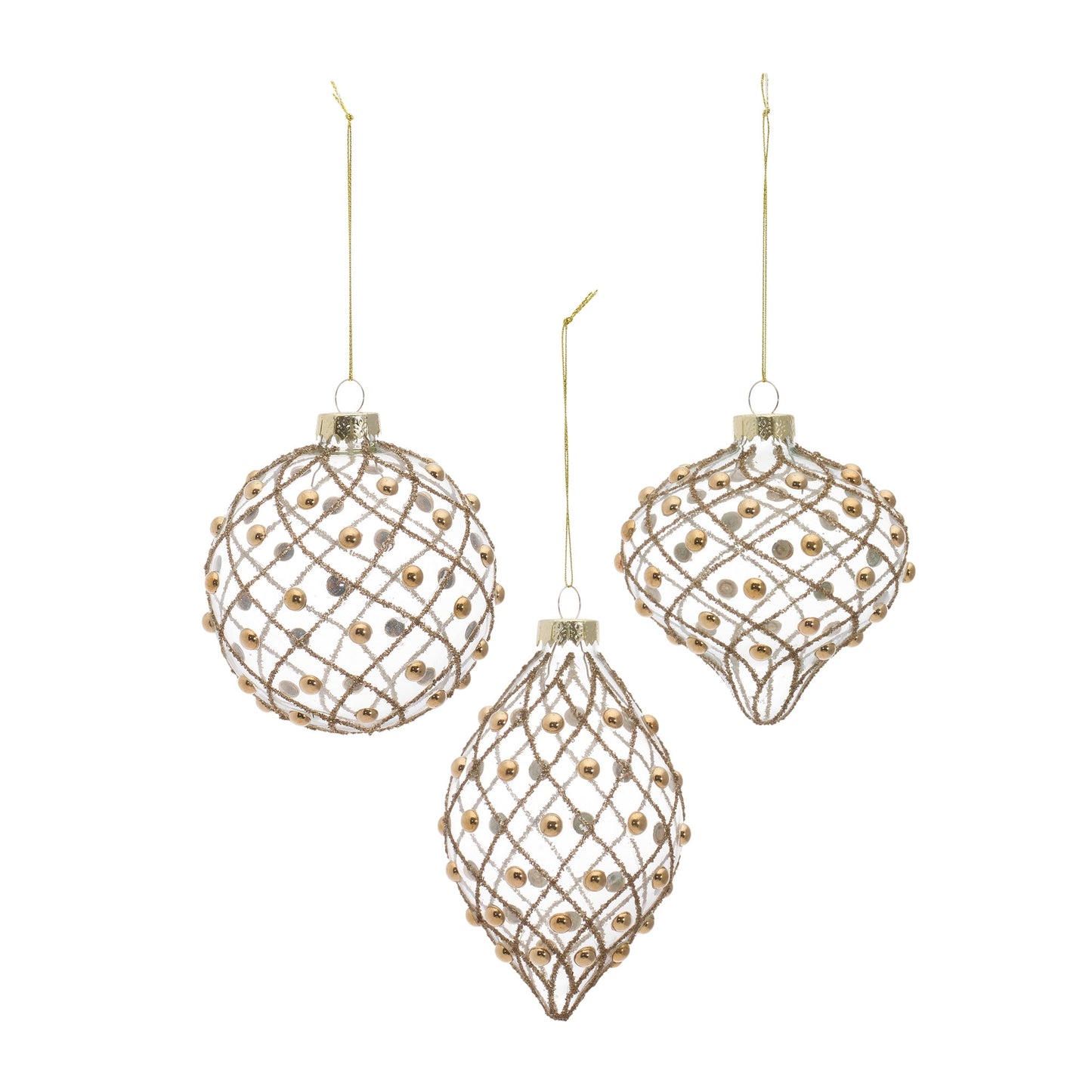 Gold Beaded Clear Glass Tree Ornament, Set of 6
