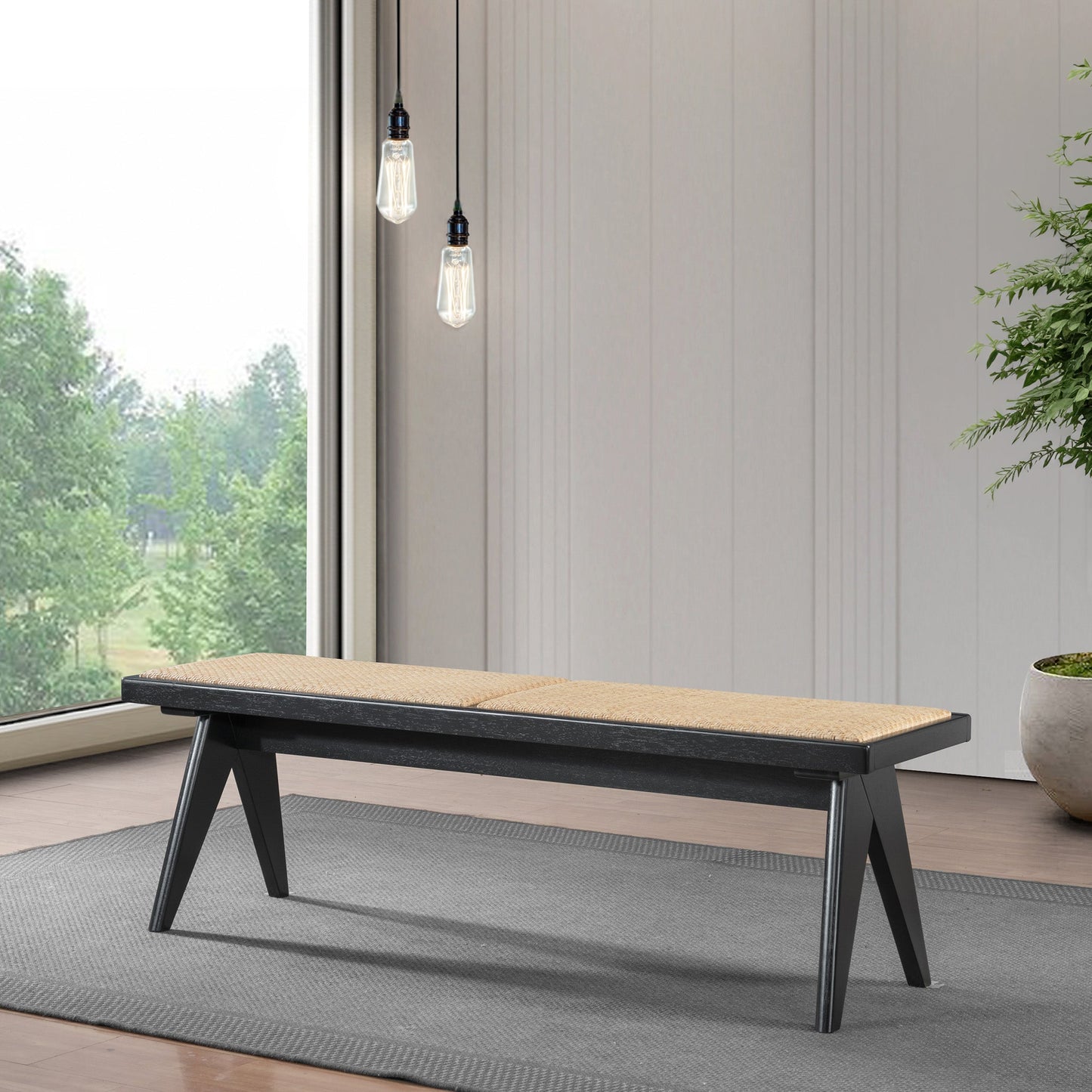 Solid Wood Bench with Natural Rattan Top