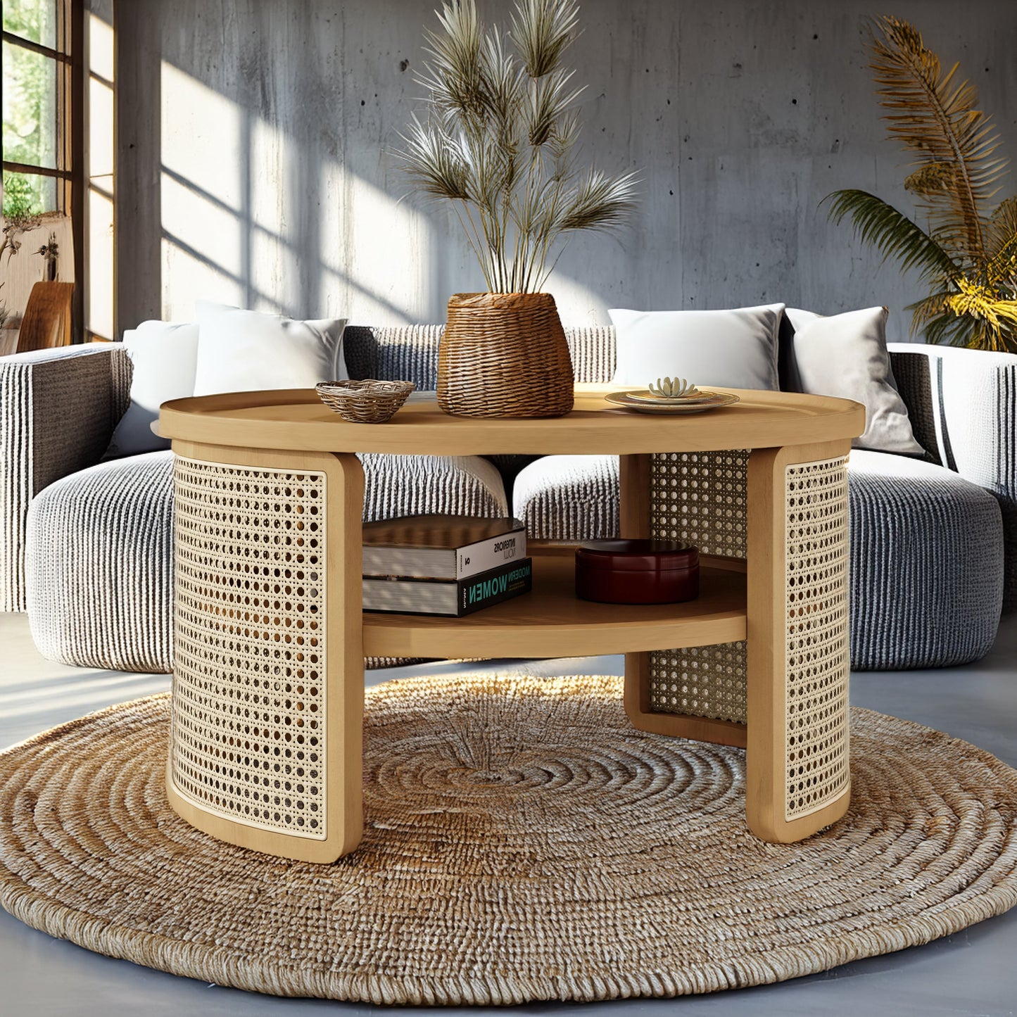 Wintered 2-Tiered Coffee Table with Rattan Base and Curved Edge Design