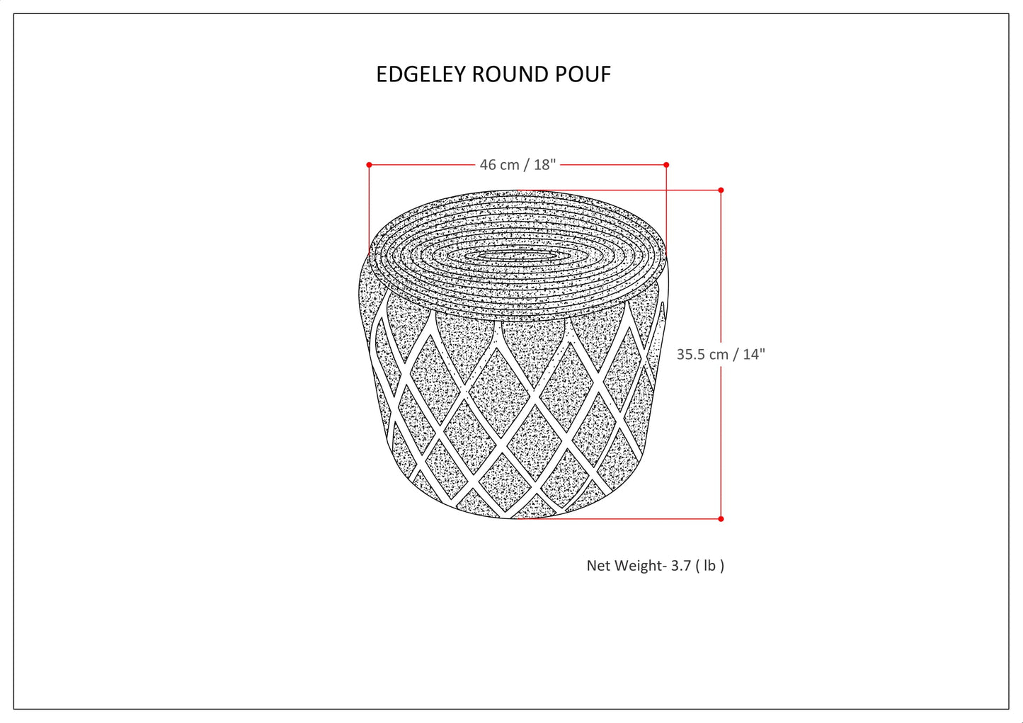 Round Pouf with Cotton and Jute Woven Diamond Pattern