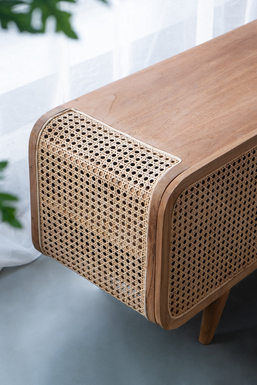 Wood and Rattan Cabinet with Curved Frame, 2 Drawers and Shelves
