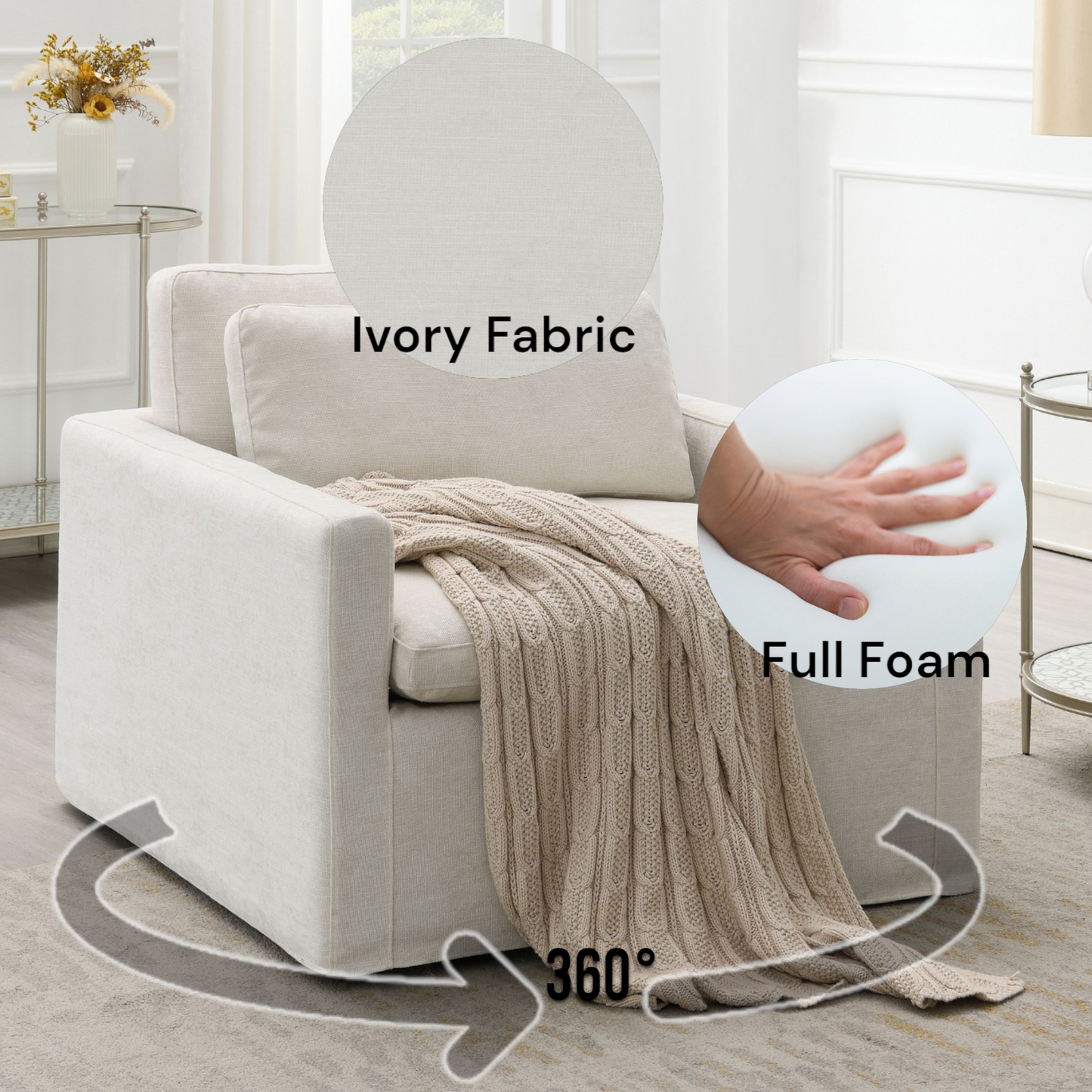 Upholstered Swivel Chair with Toss Pillow and Wood Frame