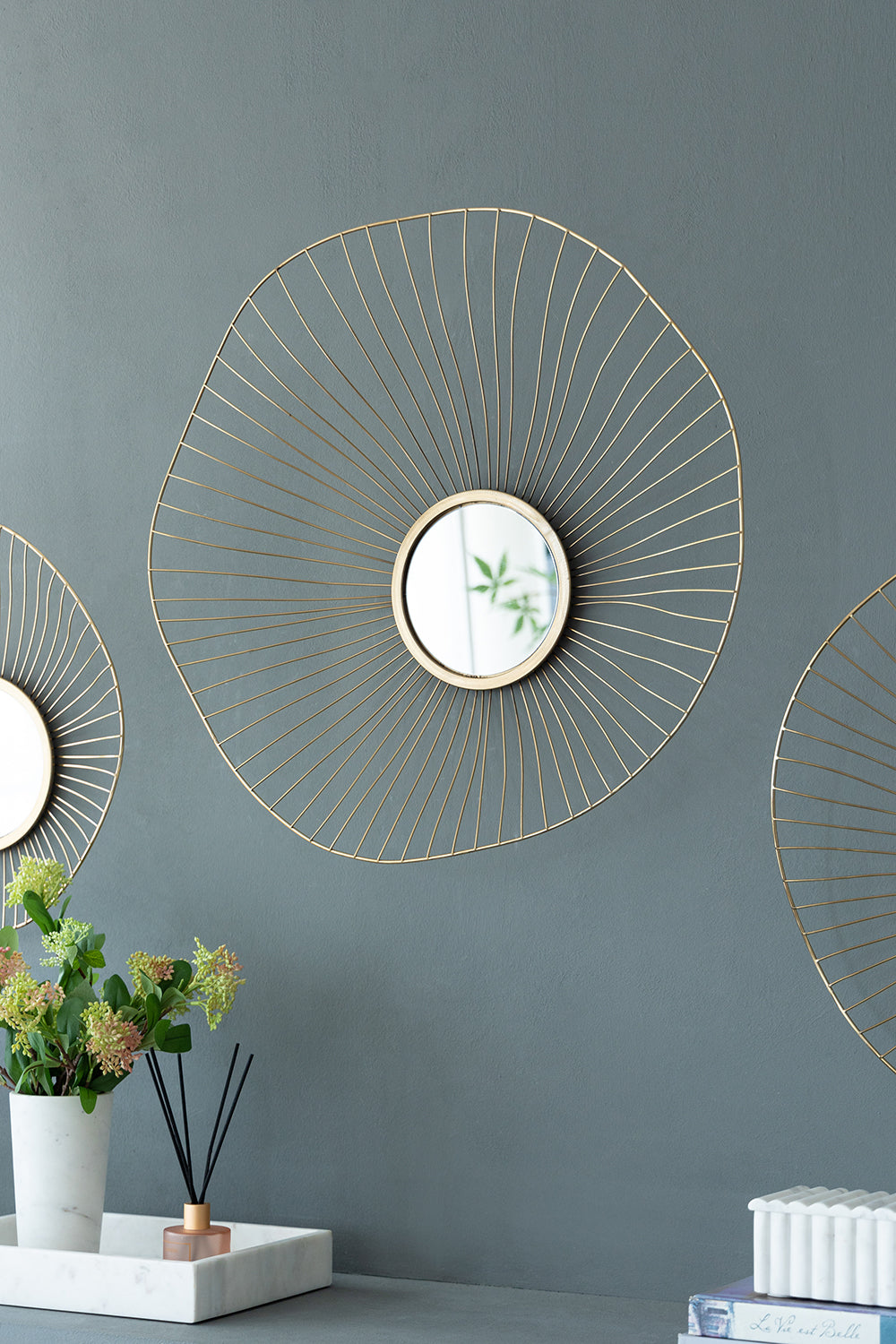 Wall Mirror with Iron Frame and Abstract Design, Set of 3