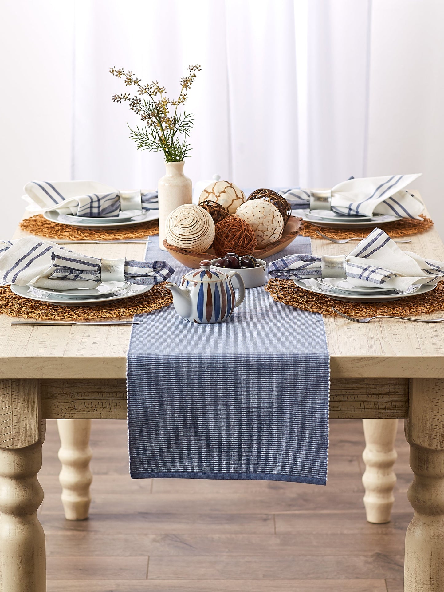 Stonewash Blue/White 2-Tone Ribbed Table Runner 13X108