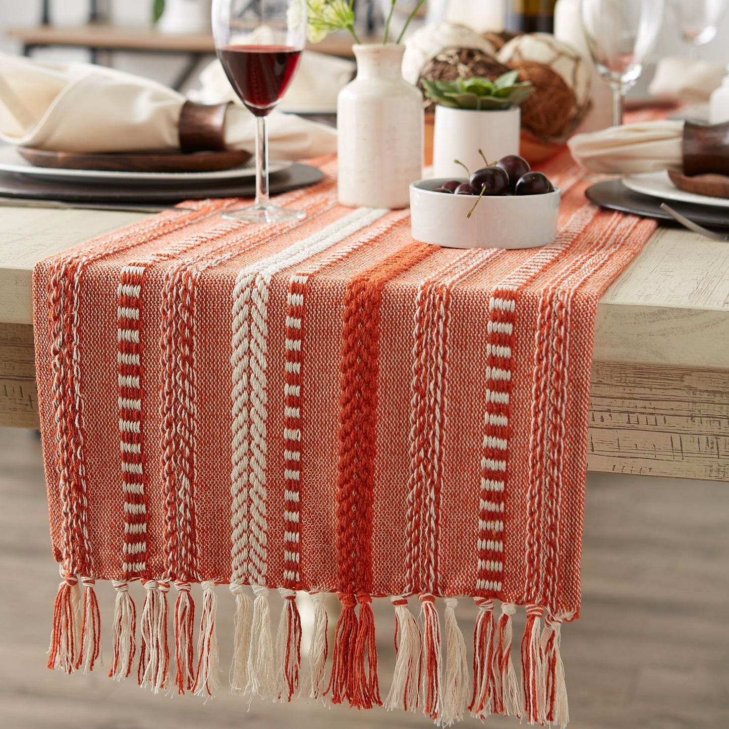 Vintage Red Braided Stripe Table Runner 15X72