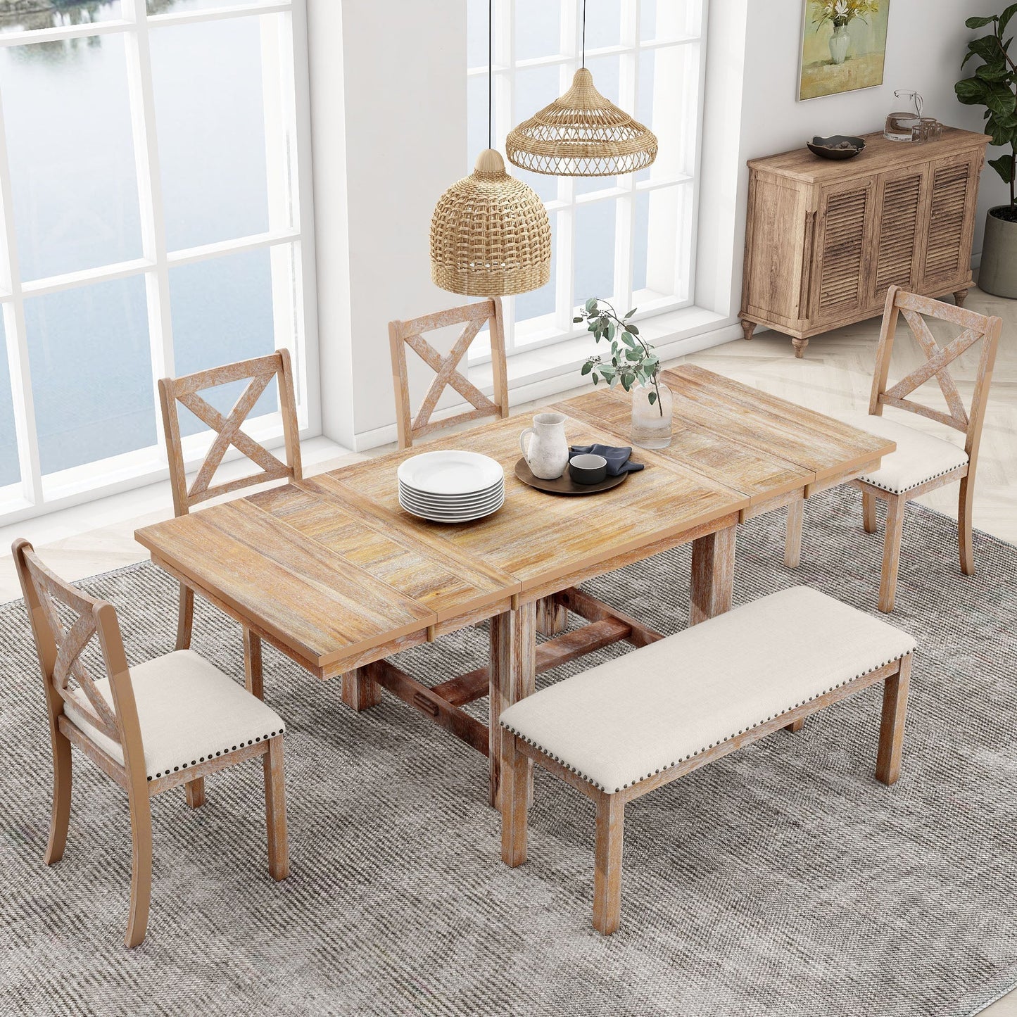 Farmhouse 82" 6-Piece Extendable Dining Table with Footrest, 4 Upholstered Dining Chairs, Dining Bench and Two 11" Removable Leaf