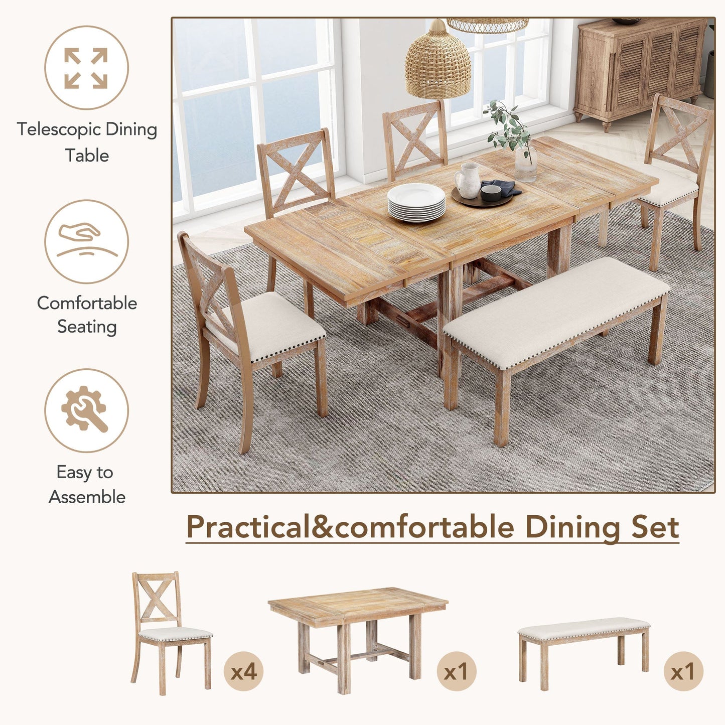 Farmhouse 82" 6-Piece Extendable Dining Table with Footrest, 4 Upholstered Dining Chairs, Dining Bench and Two 11" Removable Leaf