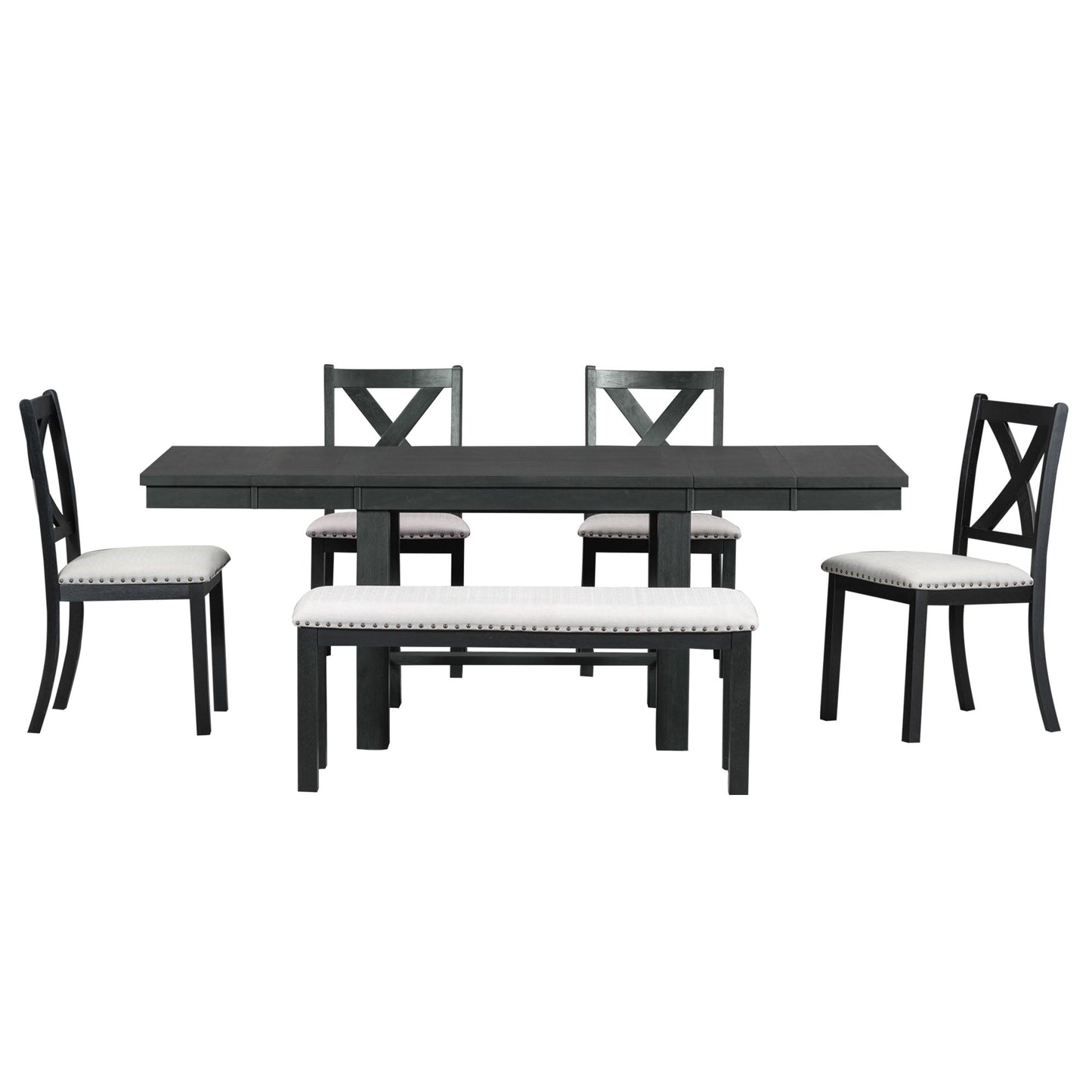 Farmhouse 82" 6-Piece Extendable Dining Table with Footrest, 4 Upholstered Dining Chairs, Dining Bench and Two 11" Removable Leaf